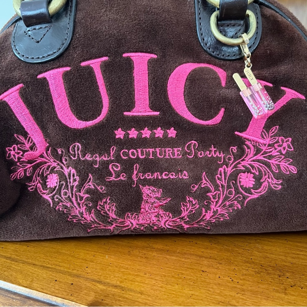 Juicy Couture Vintage Brown Bowling Bag Purse with Pink Accents - Picture 3 of 14
